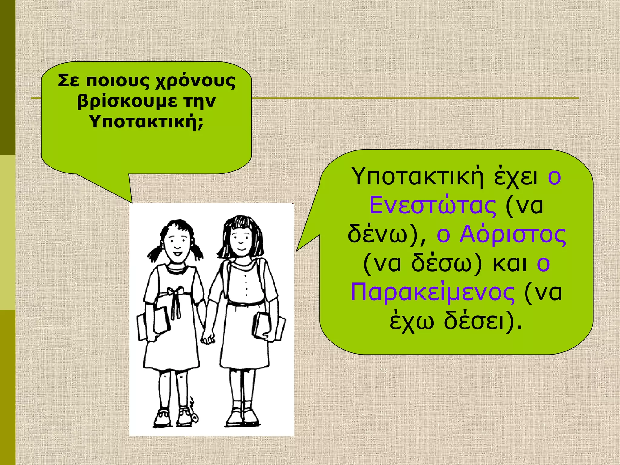 Υποτακτική έχει ο
Ενεστώτας (να
δένω), ο Αόριστος
(να δέσω) και ο
Παρακείμενος (να
έχω δέσει).
Σε ποιους χρόνους
βρίσκουμε την
Υποτακτική;
 