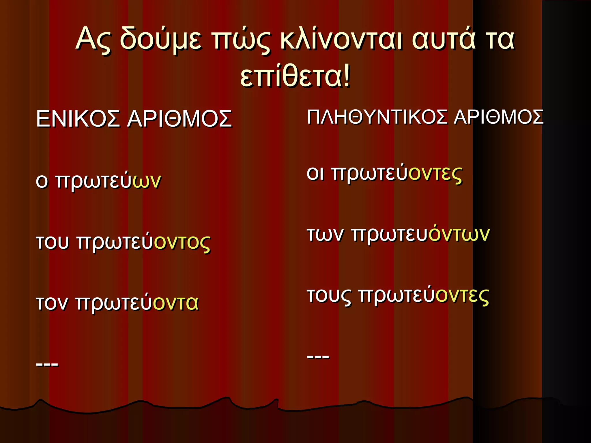 Ας δούμε πώς κλίνονται αυτά ταΑς δούμε πώς κλίνονται αυτά τα
επίθετα!επίθετα!
ΕΝΙΚΟΣ ΑΡΙΘΜΟΣΕΝΙΚΟΣ ΑΡΙΘΜΟΣ
ο πρωτεύο πρωτεύωνων
του πρωτεύτου πρωτεύοντοςοντος
τον πρωτεύτον πρωτεύονταοντα
------
ΠΛΗΘΥΝΤΙΚΟΣ ΑΡΙΘΜΟΣΠΛΗΘΥΝΤΙΚΟΣ ΑΡΙΘΜΟΣ
οι πρωτεύοι πρωτεύοντεςοντες
των πρωτευτων πρωτευόντωνόντων
τους πρωτεύτους πρωτεύοντεςοντες
------
 