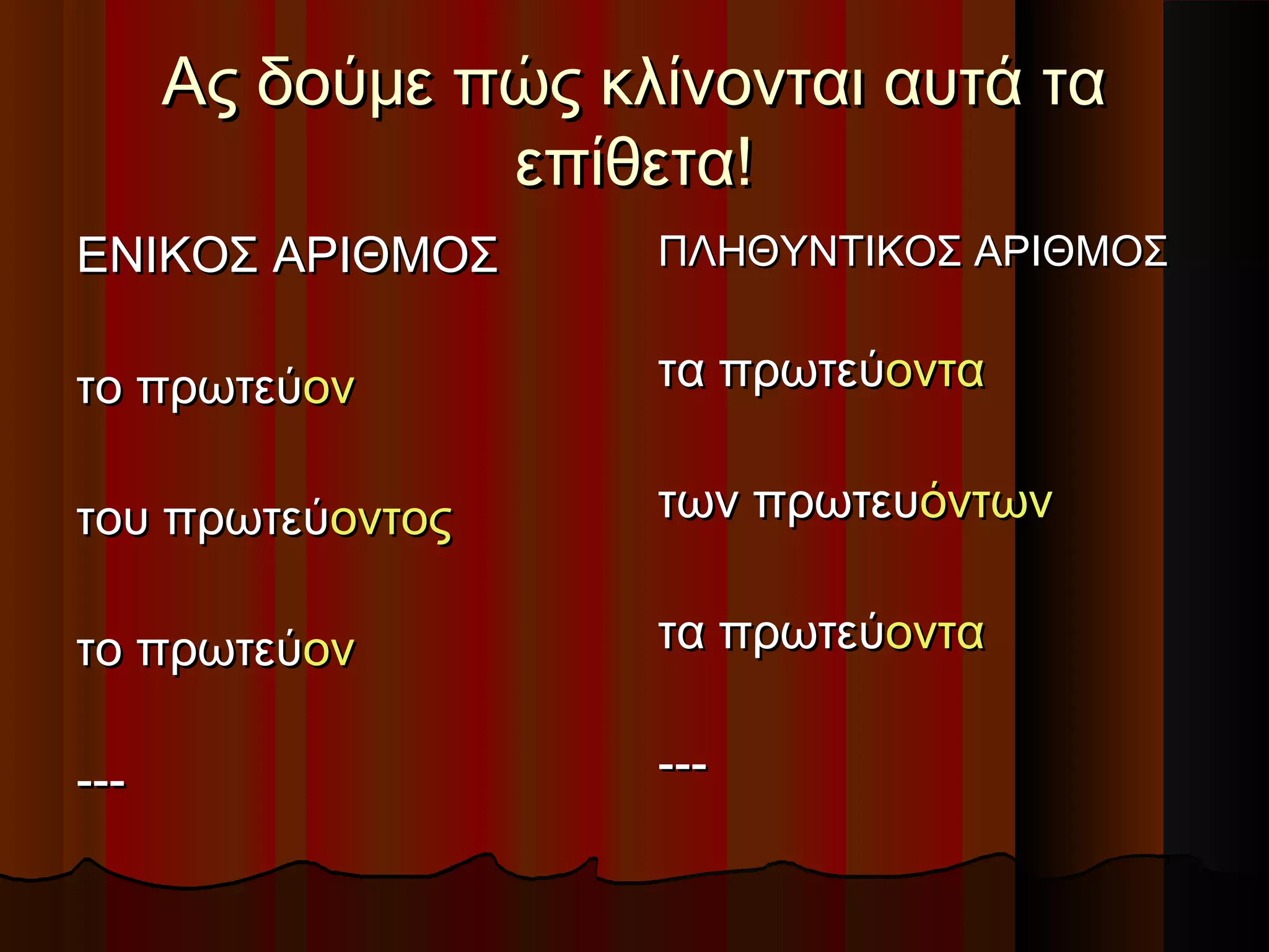 Ας δούμε πώς κλίνονται αυτά ταΑς δούμε πώς κλίνονται αυτά τα
επίθετα!επίθετα!
ΕΝΙΚΟΣ ΑΡΙΘΜΟΣΕΝΙΚΟΣ ΑΡΙΘΜΟΣ
το πρωτεύτο πρωτεύονον
του πρωτεύτου πρωτεύοντοςοντος
το πρωτεύτο πρωτεύονον
------
ΠΛΗΘΥΝΤΙΚΟΣ ΑΡΙΘΜΟΣΠΛΗΘΥΝΤΙΚΟΣ ΑΡΙΘΜΟΣ
τα πρωτεύτα πρωτεύονταοντα
των πρωτευτων πρωτευόντωνόντων
τα πρωτεύτα πρωτεύονταοντα
------
 