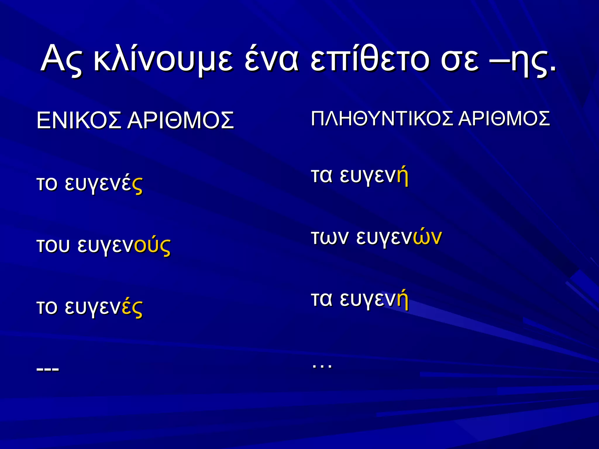 Ας κλίνουμε ένα επίθετο σε –ης.Ας κλίνουμε ένα επίθετο σε –ης.
ΕΝΙΚΟΣ ΑΡΙΘΜΟΣΕΝΙΚΟΣ ΑΡΙΘΜΟΣ
το ευγενέτο ευγενέςς
του ευγεντου ευγενούςούς
το ευγεντο ευγενέςές
------
ΠΛΗΘΥΝΤΙΚΟΣ ΑΡΙΘΜΟΣΠΛΗΘΥΝΤΙΚΟΣ ΑΡΙΘΜΟΣ
τα ευγεντα ευγενήή
των ευγεντων ευγενώνών
τα ευγεντα ευγενήή
……
 