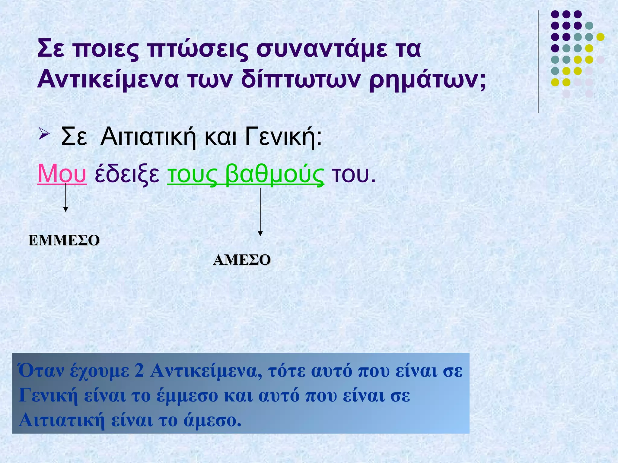 Σε ποιες πτώσεις συναντάμε τα
Αντικείμενα των δίπτωτων ρημάτων;
 Σε Αιτιατική και Γενική:
Μου έδειξε τους βαθμούς του.
ΕΜΜΕΣΟΕΜΜΕΣΟ
ΑΜΕΣΟΑΜΕΣΟ
Όταν έχουμε 2 Αντικείμενα, τότε αυτό που είναι σε
Γενική είναι το έμμεσο και αυτό που είναι σε
Αιτιατική είναι το άμεσο.
 