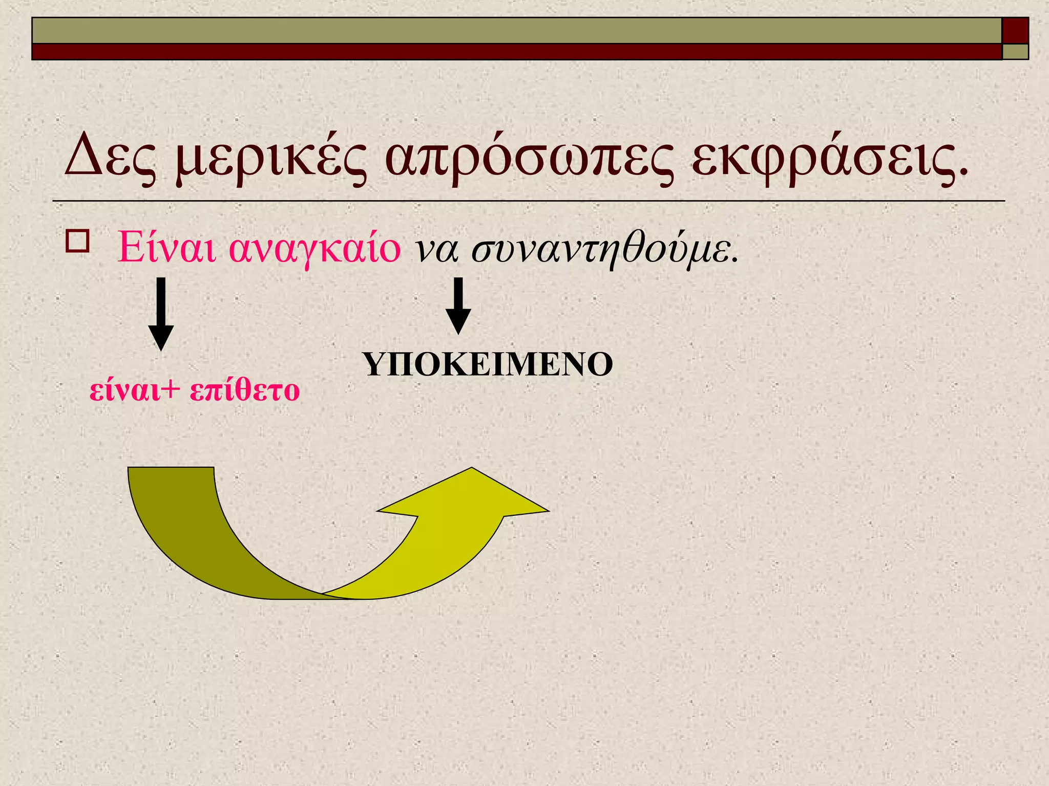 Δες μερικές απρόσωπες εκφράσεις.
 Είναι αναγκαίο να συναντηθούμε.
ΥΠΟΚΕΙΜΕΝΟ
είναι+ επίθετο
 