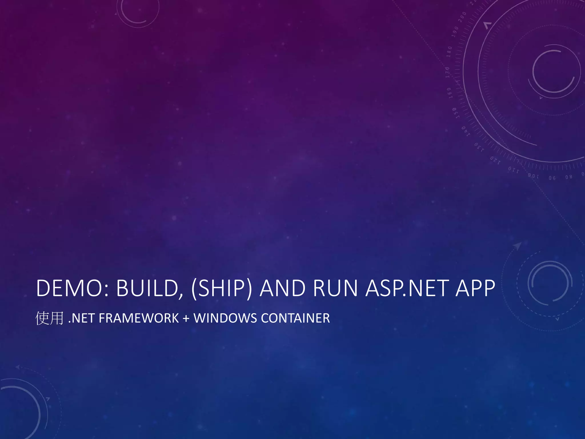 DEMO: BUILD, (SHIP) AND RUN ASP.NET APP
使用 .NET FRAMEWORK + WINDOWS CONTAINER
 