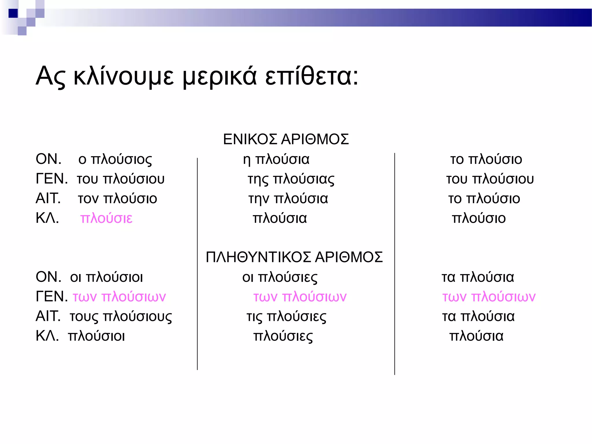 Ας κλίνουμε μερικά επίθετα:
ΕΝΙΚΟΣ ΑΡΙΘΜΟΣ
ΟΝ. ο πλούσιος η πλούσια το πλούσιο
ΓΕΝ. του πλούσιου της πλούσιας του πλούσιου
ΑΙΤ. τον πλούσιο την πλούσια το πλούσιο
ΚΛ. πλούσιε πλούσια πλούσιο
ΠΛΗΘΥΝΤΙΚΟΣ ΑΡΙΘΜΟΣ
ΟΝ. οι πλούσιοι οι πλούσιες τα πλούσια
ΓΕΝ. των πλούσιων των πλούσιων των πλούσιων
ΑΙΤ. τους πλούσιους τις πλούσιες τα πλούσια
ΚΛ. πλούσιοι πλούσιες πλούσια
 