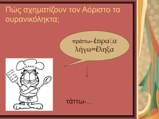 Πώς σχηματίζουν τον Αόριστο τα
ουρανικόληκτα;
πράττω= πραἐ ξα
λήγω= ληξαἒ
τάττω=…..
 