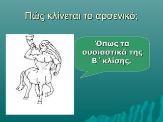 Πώς κλίνεται το αρσενικό;Πώς κλίνεται το αρσενικό;
Όπως ταΌπως τα
ουσιαστικά τηςουσιαστικά της
Β΄κλίσης.Β΄κλίσης.
 