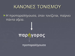 ΚΑΝΟΝΕΣ ΤΟΝΙΣΜΟΥΚΑΝΟΝΕΣ ΤΟΝΙΣΜΟΥ
►Η προπαραλήγουσα, όταν τονίζεται, παίρνειΗ προπαραλήγουσα, όταν τονίζεται, παίρνει
πάντα οξεία.πάντα οξεία.
παρήγορος
προπαραλήγουσα
 