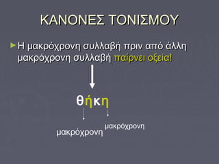 ΚΑΝΟΝΕΣ ΤΟΝΙΣΜΟΥΚΑΝΟΝΕΣ ΤΟΝΙΣΜΟΥ
►Η μακρόχρονη συλλαβή πριν από άλληΗ μακρόχρονη συλλαβή πριν από άλλη
μακρόχρονη συλλαβήμακρόχρονη συλλαβή παίρνει οξεία!παίρνει οξεία!
θήκη
μακρόχρονη
μακρόχρονη
 
