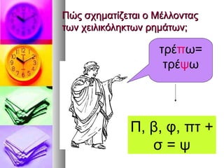Πώς σχηματίζεται ο ΜέλλονταςΠώς σχηματίζεται ο Μέλλοντας
των χειλικόληκτων ρημάτων;των χειλικόληκτων ρημάτων;
τρέπω=
τρέψω
Π, β, φ, πτ +
σ = ψ
 