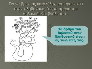 Για να βρεις τις καταλήξεις του αρσενικούΓια να βρεις τις καταλήξεις του αρσενικού
στον πληθυντικό, δες τα άρθρα τουστον πληθυντικό, δες τα άρθρα του
θηλυκού! Και βγάλε το τ-.θηλυκού! Και βγάλε το τ-.
Τα άρθρα τουΤα άρθρα του
θηλυκού στονθηλυκού στον
Πληθυντικό είναι:Πληθυντικό είναι:
α , τ ν, τα ς, τάς.ἱ ῶ ῖα , τ ν, τα ς, τάς.ἱ ῶ ῖ
 