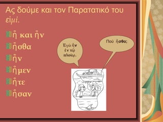 Ας δούμε και τον Παρατατικό του
ε μί.ἰ
και νἦ ἦ
σθαἦ
νἦ
μενἦ
τεἦ
σανἦ
Πού σθα;ἦ
γώΈ νἦ
ν τἐ ῷ
πλοί .ῳ
 