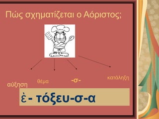 Πώς σχηματίζεται ο Αόριστος;
αύξηση
θέμα -σ- κατάληξη
- τόξευ-σ-αὲ
 