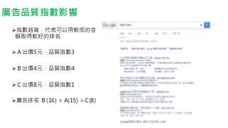 廣告品質指數影響
指數越高，代表可以用較低的金
額取得較好的排名
Ａ出價5元，品質指數3
Ｂ出價4元，品質指數4
Ｃ出價8元，品質指數1
廣告排名 Ｂ(16) > A(15) > C(8)
 