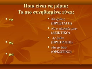 Ποια είναι τα μόρια;Ποια είναι τα μόρια;
Τα πιο συνηθισμένα είναι:Τα πιο συνηθισμένα είναι:
 νανα
 αςας
 μαμα
 Να έρθεις.Να έρθεις.
(ΠΡΟΣΤΑΓΗ)(ΠΡΟΣΤΑΓΗ)
 Να ο αδελφός μου.Να ο αδελφός μου.
(ΔΕΙΚΤΙΚΟ)(ΔΕΙΚΤΙΚΟ)
 Ας έρθει.Ας έρθει.
(ΠΡΟΤΡΟΠΗ)(ΠΡΟΤΡΟΠΗ)
 Μα το Θεό.Μα το Θεό.
(ΟΡΚΩΤΙΚΟ)(ΟΡΚΩΤΙΚΟ)
 