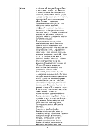 земля особенностей городской постройки,
строительных профессий. Изучение
основ черчения и масштабирования
объектов, выполнение макета «Дом»
из картона. Освоение способов работы
с проволокой, выполнение макета
«Телебашня» из проволоки.
Осознание значения природы для
городской среды, изучение
профессий, связанных с уходом за
растениями в городских условиях,
создание макета «Парк» из природных
материалов. Освоение алгоритма
создания проекта «Двор моей мечты»
(детская площадка).
Изучение основ снятия мерок,
выкраивания из ткани. Освоение
функциональных особенностей
одежды, выполнение эскиза школьной
(спортивной) формы. Определение
назначения ткани в жизни человека,
создание коллекции тканей. Изучение
процесса производства тканей,
плетение коврика из полос. Гобелен,
технологический процесс его
создания. Изготовление гобелена по
образцу. Освоение алгоритма
выполнения декоративного шва
(петельный, стебельчатый,
бархатный), выполнение изделия
«Платочек с монограммой». Изучение
способов выполнения аппликации на
ткани, украшение кармана фартука
аппликацией «Цветок». Освоение
основ вязания крючком, выполнение
аппликации «Наливное яблочко» из
вязаной цепочки. Крахмаление тканей.
Изготовление карнавального костюма
для мальчика и девочки с
использованием одной технологии.
Освоение алгоритма работы с бисером
по схеме «в крест», плетение браслета
«Подковки». Правила безопасной
работы ножом, плоскогубцами,
острогубцами, иглой, вязальным
крючком.
Знакомство с работой кафе.
Профессиональные обязанности
повара, кулинара, официанта. Правила
поведения в кафе. Выбор блюд.
Способы определения массы
продуктов при помощи мерок.
Конструирование модели весов.
Кухонные инструменты и при-
31
 