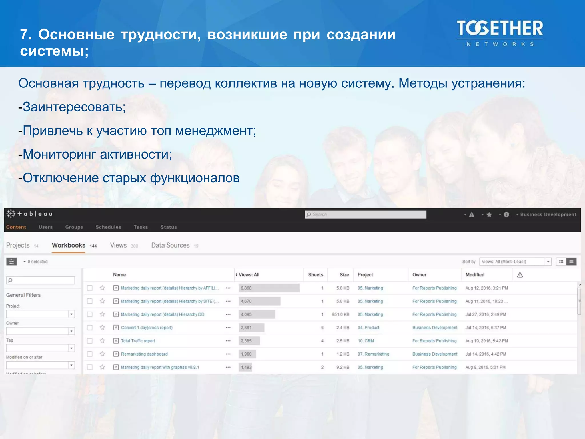 7. Основные трудности, возникшие при создании
системы;
Основная трудность – перевод коллектив на новую систему. Методы устранения:
-Заинтересовать;
-Привлечь к участию топ менеджмент;
-Мониторинг активности;
-Отключение старых функционалов
 