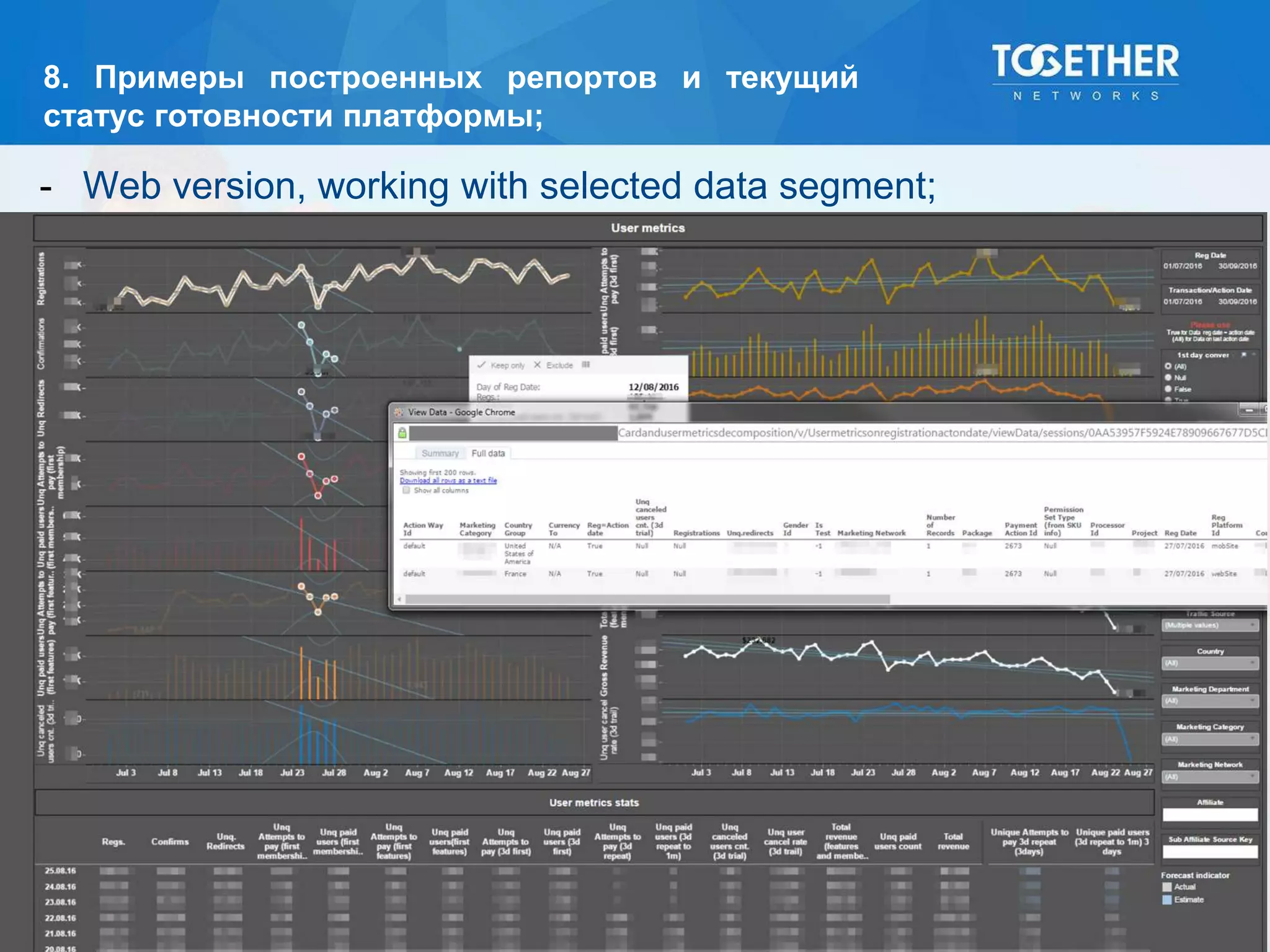 8. Примеры построенных репортов и текущий
статус готовности платформы;
- Web version, working with selected data segment;
 