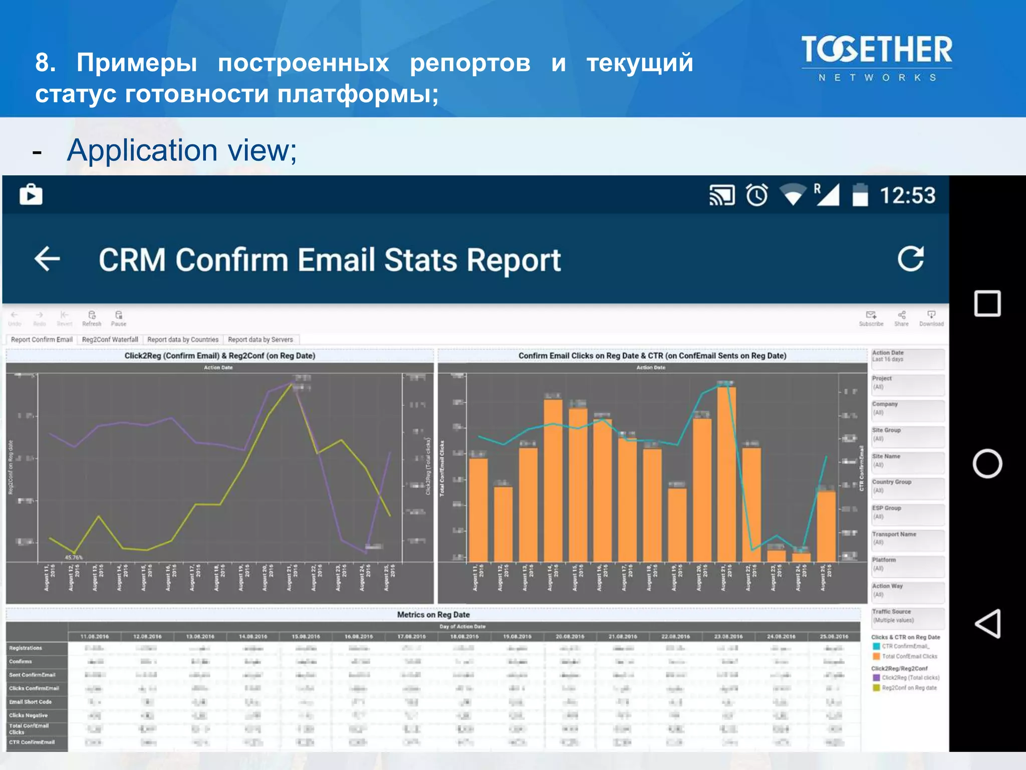 8. Примеры построенных репортов и текущий
статус готовности платформы;
- Application view;
 