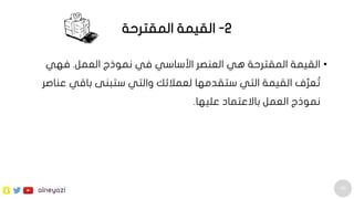 26
alneyazi
2-‫المقترحة‬ ‫القيمة‬
•‫القيمة‬‫هي‬ ‫المقترحة‬‫العمل‬ ‫نموذج‬ ‫في‬ ‫األساسي‬ ‫العنصر‬.‫فهي‬
‫ف‬ِّ‫عر‬ ُ‫ت‬‫والتي‬ ‫لعمالئك‬ ‫ستقدمها‬ ‫التي‬ ‫القيمة‬‫ستبنى‬‫عنا‬ ‫باقي‬‫صر‬
‫العمل‬ ‫نموذج‬‫عليها‬ ‫باالعتماد‬.
 