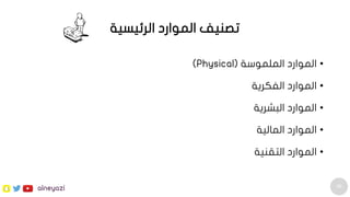 46
alneyazi
•‫الملموسة‬ ‫الموارد‬(Physical)
•‫الفكرية‬ ‫الموارد‬
•‫البشرية‬ ‫الموارد‬
•‫المالية‬ ‫الموارد‬
•‫التقنية‬ ‫الموارد‬
‫الرئيسية‬ ‫الموارد‬ ‫تصنيف‬
 