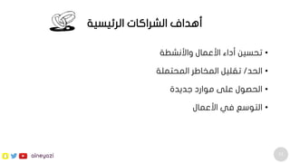 53
alneyazi
‫الرئيسية‬ ‫الشراكات‬ ‫أهداف‬
•‫واألنشطة‬ ‫األعمال‬ ‫أداء‬ ‫تحسين‬
•‫الحد‬/‫المحتملة‬ ‫المخاطر‬ ‫تقليل‬
•‫جديدة‬ ‫موارد‬ ‫على‬ ‫الحصول‬
•‫األعمال‬ ‫في‬ ‫التوسع‬
 