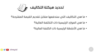 57
alneyazi
‫التكاليف‬ ‫هيكلة‬ ‫تحديد‬
•‫المقترحة‬ ‫القيمة‬ ‫تقديم‬ ‫مقابل‬ ‫سندفعها‬ ‫التي‬ ‫التكاليف‬ ‫هي‬ ‫ما‬‫؟‬
•‫العالية؟‬ ‫التكلفة‬ ‫ذات‬ ‫الرئيسية‬ ‫الموارد‬ ‫هي‬ ‫ما‬
•‫العالية؟‬ ‫الكلفة‬ ‫ذات‬ ‫الرئيسية‬ ‫األنشطة‬ ‫هي‬ ‫ما‬
 