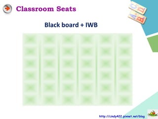 Classroom Seats
                     
           
           
           
           
           
http://cindy422.pixnet.net/blog
Black board + IWB
 