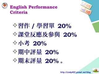 English Performance
Criteria
習作 / 學習單 20%
課堂反應及參與 20%
小考 20%
期中評量 20%
期末評量 20% 。
http://cindy422.pixnet.net/blog
 