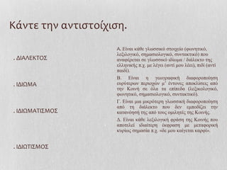 Κάντε την αντιστοίχιση.
. ΔΙΑΛΕΚΤΟΣ
. ΙΔΙΩΜΑ
. ΙΔΙΩΜΑΤΙΣΜΟΣ
. ΙΔΙΩΤΙΣΜΟΣ
Α. Είναι κάθε γλωσσικό στοιχείο (φωνητικό,
λεξιλογικό, σημασιολογικό, συντακτικό) που
αναφέρεται σε γλωσσικό ιδίωμα / διάλεκτο της
ελληνικής π.χ. με λέγει (αντί μου λέει), πιδί (αντί
παιδί).
Β. Είναι η γεωγραφική διαφοροποίηση
ευρύτερων περιοχών μ’ έντονες αποκλίσεις από
την Κοινή σε όλα τα επίπεδα (λεξικολογικό,
φωνητικό, σημασιολογικό, συντακτικό).
Γ. Είναι μια μικρότερη γλωσσική διαφοροποίηση
από τη διάλεκτο που δεν εμποδίζει την
κατανόησή της από τους ομιλητές της Κοινής.
Δ. Είναι κάθε λεξιλογική φράση της Κοινής που
αποτελεί ιδιαίτερη έκφραση με μεταφορική
κυρίως σημασία π.χ. «δε μου καίγεται καρφί».
 