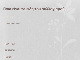Ποια είναι τα είδη του συλλογισμού;
………………..
. ………………
ΠΑΝΤΗΣΗ
ΑΡΑΓΩΓΗ
ΠΑΓΩΓΗ
 