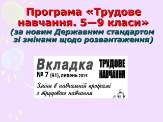 Програма «ТрудовеПрограма «Трудове
навчання. 5—9 класи»навчання. 5—9 класи»
(за новим Державним стандартом(за новим Державним стандартом
зі змінами щодо розвантаження)зі змінами щодо розвантаження)
 