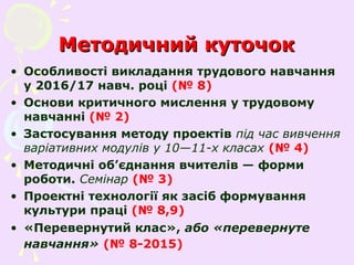 Методичний куточокМетодичний куточок
• Особливості викладання трудового навчання
у 2016/17 навч. році (№ 8)
• Основи критичного мислення у трудовому
навчанні (№ 2)
• Застосування методу проектів під час вивчення
варіативних модулів у 10—11-х класах (№ 4)
• Методичні об’єднання вчителів — форми
роботи. Семінар (№ 3)
• Проектні технології як засіб формування
культури праці (№ 8,9)
• «Перевернутий клас», або «перевернуте
навчання» (№ 8-2015)
 
