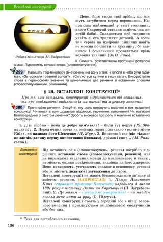 136
Âñòàâëåíi êîíñòðóêöii
Äåÿêі éîãî òâîðè òàêі äðіáíі, ùî ìî-
æóòü çàãóáèòèñÿ ñåðåä ïîðîøèíîê. Íà-
ïðèêëàä íàéìåíøèé ó ñâіòі ãîäèííèê,
ÿêîãî Ñÿäðèñòèé óñòàâèâ çàìіñòü îêà çî-
ëîòіé áàáöі. Ñêëàäàєòüñÿ öåé ãîäèííèê
óÿâіòü çі ñòà òðèäöÿòè äåòàëåé. À çîëî-
òèé ñåðâіç íà öóêðîâіé ïіùèíöі íàâіòü
íå ìîæíà ïîêëàñòè íà õóñòèíêó, áî êàâ-
íè÷îê і áîêàëü÷èêè ïðîâàëÿòüñÿ êðіçü
âîëîêíà òêàíèíè (Çà Î. Ëàíü).
ІІ. Спишіть, розставляючи пропущені розділові
знаки. Підкресліть вставні слова (словосполучення).
Напишіть твір-мініатюру (6–8 речень) на одну з тем: «Тополя в небо руки підій-
ма», «Затьохкали травневі солов’ї», «Сиплються сутінки в тишу села». Використайте
слова в переносному значенні та щонайменше два речення зі вставними словами
(словосполученнями, реченнями).
§ 29. ÂÑÒÀÂËÅÍІ ÊÎÍÑÒÐÓÊÖІЇ*
Ïðî òå, ÷èì âñòàâëåíі êîíñòðóêöії âіäðіçíÿþòüñÿ âіä âñòàâíèõ,
òà ïðî îñîáëèâîñòі âèäіëåííÿ їõ íà ïèñüìі òà â óñíîìó ìîâëåííі
Прочитайте речення. З’ясуйте, яку роль виконують виділені в них вставлені
конструкції. Чи вносять вони додаткові відомості, уточнення, пояснення? Чи пов’язані
безпосередньо зі змістом речення? Зробіть висновок про роль у мовленні вставлених
конструкцій.
1. Äіòè ùîéíî – âîíà öå äîáðå ïàì’ÿòàëà! – áóëè òóò ïîðó÷ (Þ. Çáà-
íàöüêèé). 2. Ïåðåä î÷èìà ïîåòà íà çåëåíèõ ãîðàõ ïîñòàâàëî «âåëèêå ìіñòî
Êèїâ», ÿê íàçèâàâ éîãî Øåâ÷åíêî (Ï. Æóð). 3. Âèøíåâèé ñàä (âіí òіëüêè-
íî çàöâіâ, äàíèíó ïåðøó âèïëàòèâøè áäæîëàì), äðіìàâ і ñíèâ... (Ì. Ðèëü-
ñüêèé).
Вставлені
конструкції
Âіä âñòàâíèõ ñëіâ (ñëîâîñïîëó÷åíü, ðå÷åíü) ïîòðіáíî âіä-
ðіçíÿòè âñòàâëåíі ñëîâà (ñëîâîñïîëó÷åííÿ, ðå÷åííÿ), ÿêі
íå âèðàæàþòü ñòàâëåííÿ ìîâöÿ äî âèñëîâëåíîãî â òåêñòі,
íå ìіñòÿòü îöіíêè ïîâіäîìëåííÿ, âêàçіâêè íà éîãî äæåðåëî.
Âîíè ïîÿñíþþòü, óòî÷íþþòü ñêàçàíå â îñíîâíîìó ðå÷åííі
àáî æ ìіñòÿòü äîäàòêîâі çàóâàæåííÿ äî íüîãî.
Âñòàâëåíі êîíñòðóêöії íå ìàþòü áåçïîñåðåäíüîãî çâ’ÿçêó çі
çìіñòîì ðå÷åííÿ. ÍÀÏÐÈÊËÀÄ: 1. Ïåòðî Éîñèïîâè÷
Ïàí÷ (ñïðàâæíє ïðіçâèùå Ïàí÷åíêî) íàðîäèâñÿ 4 ëèïíÿ
1891 ðîêó â ìіñòå÷êó Âàëêè íà Õàðêіâùèíі (Ï. Çàãðåáåëü-
íèé). 2. Ùå ìàëèì – і øåñòè íå ìèíóëî ìåíі – íà ìàéäàí
ïîâåëà ìåíå ìàòè çà ðóêó (Î. Ïіäñóõà).
Âñòàâëåíі êîíñòðóêöії ñòîÿòü ó ñåðåäèíі àáî â êіíöі îñíîâ-
íîãî ðå÷åííÿ і ïðèєäíóþòüñÿ çà äîïîìîãîþ ñïîëó÷íèêіâ
àáî áåç íèõ.
* Òåìà äëÿ ïîãëèáëåíîãî âèâ÷åííÿ.
Ðîáîòà-ìіíіàòþðà Ì. Ñÿäðèñòîãî
299
300
 