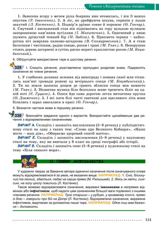 151
Ðå÷åííÿ ç âiäîêðåìëåíèìè ÷ëåíàìè
1. Çàíåñåíà âãîðó ç ìå÷åì ðóêà áîÿðèíà âæå âòîìèëàñü, і âіí її âàæêî
îïóñòèâ (Ð. Іâàí÷åíêî). 2. À ëіñ, ÿê äðåéôóþ÷à øõóíà, ñêðèïіâ ó ëüîäè
çàêóòèé (Ë. Êîñòåíêî). 3. Ïîäâіð’ÿ äðіìàє ñîííå é ïîðîæíє (Î. Ãîí÷àð).
4. Ñìóòíèé і âèñíàæåíèé ñòàâ âіí ïіäíіìàòèñü íà ãîðó âóçüêîþ âóëèöåþ
çàïîðîøåíîþ êàì’ÿíèì âóãіëëÿì (І. Ìèêèòåíêî). 5. Îäÿãíåíèé ó õâîþ
øóìèòü äðіìó÷èé òåìíèé áіð (Í. Çàáіëà). 6. Ïðèêìåòà ÷åðâíÿ – íàéêî-
ðîòøà íі÷ çàìðіÿíà êàçêîâî-çàãàäêîâà (Â. Ñêîìàðîâñüêèé). 7. À ÿ ñòàþ
áàãàòøèì і ÷èñòіøèì, ðàäіþ ñîíöþ, ðîñàì і òðàâі (Ì. Òêà÷). 8. Íåïîðóøíî
ñòîÿòü äåðåâà çàãîðíåíі â ñóòіíü ðÿñíî âêðèòі êðàïëèñòîþ ðîñîþ (Ì. Êîöþ-
áèíñüêèé).
ІІ. Обґрунтуйте використання тире в шостому реченні.
І. Спишіть речення, розставляючи пропущені розділові знаки. Підкресліть
означення як члени речення.
1. Ó ãëèáîêèõ äîëèíàõ çåëåíèõ âіä âèíîãðàäó і ïîâíèõ ñèçîї ìëè òіñíè-
ëèñü êàì’ÿíі ãðîìàäè ðîæåâі îä âå÷іðíüîãî ñîíöÿ (Ì. Êîöþáèíñüêèé).
2. Òè ÿê çåìëÿ íàïîєíà äîùåì äå ãðàþòü çáëèñêè ñîíöÿ ìîâ íàìèñòî
(Ì. Òêà÷). 3. Íåçâè÷íà ìóçèêà áіëà áåçãîëîñà æèâå òðåìòèòü áіëіє íà îä-
íіé íîòі (Є. Ãóöàëî). 4. Îëåñÿ éäå ñàìà äîðîãîþ ëåãêà âèòîí÷åíà ïðó÷êà
(Î. Äîâæåíêî). 5. І âñі õàòè áіëі ÷èñòі ñâÿòêîâі äëÿ ùàñëèâîãî ëіòà âîíè
áіëèëèñü і çàðàç çìàãàëèñÿ â êðàñі (Î. Ãîí÷àð).
ІІ. Визначте частини мови в першому реченні.
Виконайте завдання одного з варіантів. Використайте щонайменше два ре-
чення з відокремленими означеннями.
ВАРІАНТ А. Ñêëàäіòü і çàïèøіòü âèñëîâëåííÿ (5–8 ðå÷åíü) ó ïóáëіöèñòè÷-
íîìó ñòèëі íà îäíó ç òàêèõ òåì: «Ñëîâî ïðî Âåëèêîãî Êîáçàðÿ», «Íàøå
ìіñòî – íàø äіì», «Îáèðàєìî çäîðîâèé ñïîñіá æèòòÿ».
ВАРІАНТ Б. Ñêëàäіòü і çàïèøіòü âèñëîâëåííÿ (5–8 ðå÷åíü) ó íàóêîâîìó
ñòèëі íà òåìó, ÿêó âè âèâ÷àëè ó 8 êëàñі íà óðîöі ãåîãðàôії àáî іñòîðії.
ВАРІАНТ В. Ñêëàäіòü і çàïèøіòü îïèñ (5–8 ðå÷åíü) ó õóäîæíüîìó ñòèëі íà
òåìó «Áіëÿ ñèíüîãî ìîðÿ».
У художніх творах за бажання автора одиничні означення після означуваного слова
можуть відокремлюватися й за умов, не вказаних вище. НАПРИКЛАД: 1. Сніг, блиску-
чий та легкий, здається, падає на серце прямо (М. Рильський). 2. Якісь он квіти, сині-
сині, на голу цеглу повились (Л. Костенко).
Також можемо відокремлювати означення, виражені іменниками в непрямих від-
мінках або інфінітивом, щоб надати цим означенням більшої ваги порівняно з іншими
членами речення. НАПРИКЛАД: Троє старшин – у рубцях, у кривавому клоччі, прямо
із бою – говорили про бій на Дніпрі (Л. Костенко). Відокремлене означення, вираженеі
інфінітивом, виділяємо за допомогою лише тире. НАПРИКЛАД: Одне лиш мав бажан-
ня – допомогти.
329
330
 