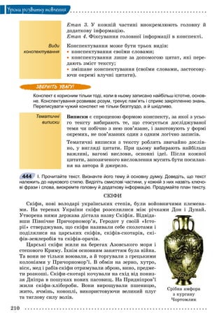 210
Óðîêè ðîçâèòêó ìîâëåííÿ
Види
конспектування
Åòàï 3. Ó êîæíіé ÷àñòèíі âèîêðåìëþþòü ãîëîâíó é
äîäàòêîâó іíôîðìàöіþ.
Åòàï 4. Ôіêñóâàííÿ ãîëîâíîї іíôîðìàöії â êîíñïåêòі.
Êîíñïåêòóâàííÿ ìîæå áóòè òðüîõ âèäіâ:
 êîíñïåêòóâàííÿ ñâîїìè ñëîâàìè;
 êîíñïåêòóâàííÿ ëèøå çà äîïîìîãîþ öèòàò, ÿêі ïåðå-
äàþòü çìіñò òåêñòó;
 çìіøàíå êîíñïåêòóâàííÿ (ñâîїìè ñëîâàìè, çàñòîñîâó-
þ÷è îêðåìі âëó÷íі öèòàòè).
Конспект є корисним тільки тоді, коли в ньому записано найбільш істотне, основ-
не. Конспектування розвиває розум, тренує пам’ять і сприяє закріпленню знань.
Переписувати чужий конспект не тільки безглуздо, а й шкідливо.
Тематичні
виписки
Âèïèñêè є ñïðîùåíîþ ôîðìîþ êîíñïåêòó, çà ÿêîї ç óñüî-
ãî òåêñòó âèáèðàþòü òå, ùî ñòîñóєòüñÿ äîñëіäæóâàíîї
òåìè ÷è ïîáі÷íî ç íåþ ïîâ’ÿçàíå, і çàíîòîâóþòü ó ôîðìі
îêðåìèõ, íå ïîâ’ÿçàíèõ îäèí ç îäíèì ëîãі÷íî çàïèñіâ.
Òåìàòè÷íі âèïèñêè ç òåêñòó ðîáëÿòü çâè÷àéíî äîñëіâ-
íî, ó âèãëÿäі öèòàòè. Ïðè öüîìó âèáèðàþòü íàéáіëüø
âàæëèâі, âàãîìі âèñëîâè, îñíîâíі іäåї. Ïіñëÿ êîæíîї
öèòàòè, çàïîçè÷åíîãî âèñëîâëåííÿ ìóñèòü áóòè ïîñèëàí-
íÿ íà àâòîðà é äæåðåëî.
І. Прочитайте текст. Визначте його тему й основну думку. Доведіть, що текст
належить до наукового стилю. Виділіть смислові частини, у кожній з них назвіть ключо-
ві фрази і слова, виокремте головну й додаткову інформацію. Продумайте план тексту.
ÑÊІÔÈ
Ñêіôè, íîâі âîëîäàðі óêðàїíñüêèõ ñòåïіâ, áóëè âîéîâíè÷èìè ïëåìåíà-
ìè. Íà òåðåíàõ Óêðàїíè ñêіôè ðîçñåëèëèñÿ ìіæ ðі÷êàìè Äîí і Äóíàé.
Óòâîðåíà íèìè äåðæàâà äіñòàëà íàçâó Ñêіôіÿ. Âіäâіäà-
âøè Ïіâíі÷íå Ïðè÷îðíîìîð’ÿ, Ãåðîäîò ó ñâîїé «Іñòî-
ðії» ñòâåðäæóâàâ, ùî ñêіôè íàçèâàëè ñåáå ñêîëîòàìè і
ïîäіëÿëèñÿ íà öàðñüêèõ ñêіôіâ, ñêіôіâ-ñêîòàðіâ, ñêі-
ôіâ-çåìëåðîáіâ òà ñêіôіâ-îðà÷іâ.
Öàðñüêі ñêіôè æèëè íà áåðåãàõ Àçîâñüêîãî ìîðÿ і
ñòåïîâîãî Êðèìó. Їõíіì îñíîâíèì çàíÿòòÿì áóëà âіéíà.
Òà âîíè íå òіëüêè âîþâàëè, à é òîðãóâàëè ç ãðåöüêèìè
êîëîíіÿìè ó Ïðè÷îðíîìîð’ї. Â îáìіí íà çåðíî, õóòðî,
âіñê, ìåä і ðàáіâ ñêіôè îòðèìóâàëè çáðîþ, âèíî, ïðåäìå-
òè ðîçêîøі. Ñêіôè-ñêîòàðі êî÷óâàëè íà ñõіä âіä ïîíèç-
çÿ Äíіïðà â ïîøóêàõ íîâèõ ïàñîâèù. Íà Ïðèäíіïðîâ’ї
æèëè ñêіôè-õëіáîðîáè. Âîíè âèðîùóâàëè ïøåíèöþ,
æèòî, ÿ÷ìіíü, êîíîïëі, âèêîðèñòîâóþ÷è âåëèêèé ïëóã
òà òÿãëîâó ñèëó âîëіâ.
Ñð³áíà àìôîðà
ç êóðãàíó
×îðòîìëèê
444
 