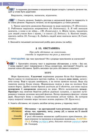 56
×ëåíè ðå÷åííÿ
Із поданими дієсловами в неозначеній формі складіть і запишіть речення так,
щоб ці слова були додатками.
Âèðóøàòè, ãîâîðèòè, íàïèñàòè, âіäïî÷èòè.
І. Спишіть речення. Знайдіть дієслова в неозначеній формі та підкресліть їх
як члени речення. Надпишіть питання, на які відповідають ці члени речення.
1. Òðîõè îäïî÷èòè äîçâîëåíî áіäîëàõàì òà âîäè íàïèòèñü (Ò. Øåâ÷åíêî).
2. Ðîáіòíèêè âèðіøèëè çàòðèìàòèñÿ (Î. Êâіòíåâèé). 3. ß òîáі íàêàçóþ
ìîâ÷àòè, ç êîíÿ ÿ íå çіéäó... (Þ. ßíîâñüêèé). 4. Æèòè ÷åñíî, òðóäèòèñü
äëÿ ëþäåé ó÷èëè éîãî і âäîìà, і â øêîëі (Ä. Áåäçèê). 5. Êàïіòàí õâîðіє,
ïðîñèòü çàéòè (Î. Ãîí÷àð). 6. Ëþáèòü ëþäåé ìåíå íàâ÷èëà ìàòè (Â. Ñèìî-
íåíêî).
ІІ. Виконайте письмовий синтаксичний розбір двох речень (на вибір).
§ 13. ÎÁÑÒÀÂÈÍÀ
Ïðî âèäè îáñòàâèí çà çíà÷åííÿì,
ñïîñîáè їõ âèðàæåííÿ òà ðîëü ó ìîâëåííі
ПРИГАДАЙМО. Що таке прислівник? Які є розряди прислівників за значенням?
І. Прочитайте спочатку текст із виділеними обставинами, а потім – без них.
У якому варіанті зміст повідомлення є більш конкретним, змістовним? З’ясуйте, що
означає кожна обставина. Зробіть висновок про роль обставини в мовленні.
ÌÎÐÅ
Ìîðå áðèæèëîñü. Óäàëå÷èíі íåðіâíèìè ðÿäàìè áіãëè áіëі áàðàí÷èêè.
Êðóòà õâèëÿ òî ïіäíіìàëàñÿ êðóòèì ãîðáîì, òî ïàäàëà âíèç ÿìîþ, çàòÿãó-
þ÷è êàòåð. Òîäі â ãðóäÿõ çàâìèðàëî, à íà íîãàõ ùåìіëè ïàëüöі. Âîäà ïіä
ãâèíòîì êèïіëà áіëîþ ïіíîþ. Ìàðèíîíüêà ñèäіëà â äіäà íà êîëіíàõ áіëÿ
ñàìîãî áîðòó. Äðіáíі ñîëîíі áðèçêè äîëіòàëè äî її îáëè÷÷ÿ, àëå âîíà ñèäіëà
íåïîðóøíî é çàâîðîæåíî äèâèëàñÿ íà ìîðå. Ìіñòî çàëèøèëîñü ïîçàäó.
Ïðàâîðó÷ íàä æîâòèì áåðåãîì ðÿáіëè ðіäåíüêі êóùèêè, à âäàëèíі êó÷å-
ðÿâèâñÿ òåìíîþ çåëåííþ âåñåëèé ôîíòàí. Êàòåð ïðîìèíóâ ôîíòàí і ïіøîâ
äàëі. Íàçóñòðі÷ éîìó ç æàäіáíèì ñêèãëåííÿì ëåòіëè ÷àéêè. Çà êàòåðîì
ñåðåä øèðîêîї ñèíÿâè ìîðÿ òÿãëàñÿ çåëåíà äîðіæêà (Í. Áóãàєíêî).
ІІ. Укажіть обставини, які служать засобом зв’язку речень у поданому тексті.
Особливості
обставини
Способи
вираження
Îáñòàâèíà – öå äðóãîðÿäíèé ÷ëåí ðå÷åííÿ, ÿêèé óêàçóє íà
ìіñöå, ÷àñ, ïðè÷èíó, ìåòó, óìîâó äії, à òàêîæ íà її ñïîñіá
àáî іíòåíñèâíіñòü.
Ó ðîëі îáñòàâèíè âæèâàєìî çäåáіëüøîãî ïðèñëіâíèêè, äіє-
ïðèñëіâíèêè òà іìåííèêè â íåïðÿìèõ âіäìіíêàõ. ÍÀÏÐÈÊ-
ËÀÄ: Ñèäæó íà áåðåçі ðіêè, äèâëþñü âîãêèì íàâêîëî çîðîì
(Â. Ñîñþðà).
121
122
123
 