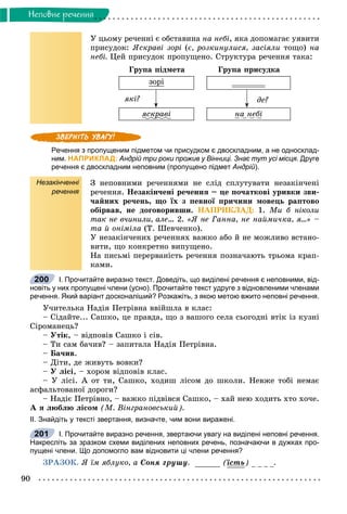 90
Íåïîâíå ðå÷åííÿ
Ó öüîìó ðå÷åííі є îáñòàâèíà íà íåáі, ÿêà äîïîìàãàє óÿâèòè
ïðèñóäîê: ßñêðàâі çîðі (є, ðîçêèíóëèñÿ, çàñіÿëè òîùî) íà
íåáі. Öåé ïðèñóäîê ïðîïóùåíî. Ñòðóêòóðà ðå÷åííÿ òàêà:
Ãðóïà ïіäìåòà Ãðóïà ïðèñóäêà
çîðі
ÿêі? äå?
ÿñêðàâіð íà íåáі
Речення з пропущеним підметом чи присудком є двоскладним, а не односклад-
ним. НАПРИКЛАД: Андрій три роки прожив у Вінниці. Знає тут усі місця. Друге
речення є двоскладним неповним (пропущено підмет Андрій).
Незакінченні
речення
Ç íåïîâíèìè ðå÷åííÿìè íå ñëіä ñïëóòóâàòè íåçàêіí÷åíі
ðå÷åííÿ. Íåçàêіí÷åíі ðå÷åííÿ – öå ïî÷àòêîâі óðèâêè çâè-
÷àéíèõ ðå÷åíü, ùî їõ ç ïåâíîї ïðè÷èíè ìîâåöü ðàïòîâî
îáіðâàâ, íå äîãîâîðèâøè. ÍÀÏÐÈÊËÀÄ: 1. Ìè á íіêîëè
òàê íå â÷èíèëè, àëå… 2. «ß íå Ãàííà, íå íàéìè÷êà, ÿ…» –
òà é îíіìіëà (Ò. Øåâ÷åíêî).
Ó íåçàêіí÷åíèõ ðå÷åííÿõ âàæêî àáî é íå ìîæëèâî âñòàíî-
âèòè, ùî êîíêðåòíî âèïóùåíî.
Íà ïèñüìі ïåðåðâàíіñòü ðå÷åííÿ ïîçíà÷àþòü òðüîìà êðàï-
êàìè.
І. Прочитайте виразно текст. Доведіть, що виділені речення є неповними, від-
новіть у них пропущені члени (усно). Прочитайте текст удруге з відновленими членами
речення. Який варіант досконаліший? Розкажіть, з якою метою вжито неповні речення.
Ó÷èòåëüêà Íàäіÿ Ïåòðіâíà ââіéøëà â êëàñ:
– Ñіäàéòå... Ñàøêî, öå ïðàâäà, ùî ç âàøîãî ñåëà ñüîãîäíі âòіê іç êóçíі
Ñіðîìàíåöü?
– Óòіê, – âіäïîâіâ Ñàøêî і ñіâ.
– Òè ñàì áà÷èâ? – çàïèòàëà Íàäіÿ Ïåòðіâíà.
– Áà÷èâ.
– Äіòè, äå æèâóòü âîâêè?
– Ó ëіñі, – õîðîì âіäïîâіâ êëàñ.
– Ó ëіñі. À îò òè, Ñàøêî, õîäèø ëіñîì äî øêîëè. Íåâæå òîáі íåìàє
àñôàëüòîâàíîї äîðîãè?
– Íàäіє Ïåòðіâíî, – âàæêî ïіäâіâñÿ Ñàøêî, – õàé íåþ õîäèòü õòî õî÷å.
À ÿ ëþáëþ ëіñîì (Ì. Âіíãðàíîâñüêèé).
ІІ. Знайдіть у тексті звертання, визначте, чим вони виражені.
І. Прочитайте виразно речення, звертаючи увагу на виділені неповні речення.
Накресліть за зразком схеми виділених неповних речень, позначаючи в дужках про-
пущені члени. Що допомогло вам відновити ці члени речення?
ÇÐÀÇÎÊ. ß їì ÿáëóêî, à Ñîíÿ ãðóøó. (їñòü) .
200
201
 