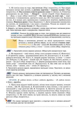 91
Íåïîâíå ðå÷åííÿ
1. Íå õîòіëà êîçà íà òîðã, òàê ïîòÿãëè (Íàð. òâîð÷іñòü). 2. Òðè ÿâîðè
ïîñàäèëà ñåñòðà ïðè äîëèíі, à äіâ÷èíà çàðó÷åíà – ÷åðâîíó êàëèíó (Íàð.
òâîð÷іñòü). 3. Íàä çåëåíèì óçãіð’ÿì ðàíêîâå ñîíöå (І. Öþïà). 4. Ñòåæå÷êà
ðîçõîäèëàñü íà äâà áîêè. – Ëіâîðó÷! – çâåëіâ ñòàðèé (Іâàí Áàãðÿíèé).
5. – Äiäó, à êóäè ëåáåäi ïîëåòiëè? – Íà òèõi âîäè, íà ÿñíi çîði, – ïåðå-
ñìiÿâøèñü i ñïîâàæíiâøè, óðî÷èñòî êàæå äiä (Ì. Ñòåëüìàõ). 6. Õèëèëî
íà ñîí. À â êóùàõ äåñü ïðîêèíóëàñü і íàìàãàëàñÿ çіãðіòèñü ìðіéíîãîëîñà
ïòàøêà. Âіùóâàëà ðàíîê (Іâàí Áàãðÿíèé). 7. Äèòÿ ïîæàäëèâî íàêèíóëîñü
íà ñóï÷èê, íå âіäìîâèëîñü і âіä êàøі ç ïіäëèâîþ. Òіëüêè íà êîìïîòі «çà-
áàñòóâàëî». – Íå ìîæó áіëüøå (Ñ. Ìóçè÷åíêî).
ІІ. Доведіть, що перше речення є складним, у якому одна частина є неповним речен-
ням. Свою відповідь звірте з міркуванням, поданим нижче.
МІРКУЙМО. Речення Не хотіла коза на торг, так потягли має дві граматичніи
основи, а отже, є складним. Друга частина є неповним реченням, оскільки в ньо-Д
му пропущено додаток (козу) і обставину (на торг), які відновлюємо з контексту.
Тире ßêùî â íåïîâíîìó ðå÷åííі íà ìіñöі ïðîïóùåíîãî ÷ëåíà
ðå÷åííÿ ó âèìîâі ðîáèìî ïàóçó, òî íà ïèñüìі ñòàâèìî òèðå.
ÍÀÏÐÈÊËÀÄ: 1. Íà íåáі – ñîíöå (Ì. Êîöþáèíñüêèé). 2. Ðàííі
ïòàøêè ðîñó ï’þòü, à ïіçíі – ñëіçêè ëëþòü (Íàð. òâîð÷іñòü).
І. Прочитайте вголос виразно речення. Обґрунтуйте використання тире.
1. Íà âèäíîêîëі – ñèâі òîïîëі, âіòåð ó ïîëі êîëèøå êîâèëü (Ñ. Ôîìåíêî).
2. Â ïðîñâіòêó äåðåâ – âіääçåðêàëåííÿ ìіñòà (Î. Äåëåìåí÷óê). 3. À â íåáі –
ðàéäóãà-âåñåëèöÿ (Ì. Òêà÷). 4. Àíäðіé äîäîìó ïîñïіøà, à ñîíöå – ó çåíіò
(Î. Ïіäñóõà). 5. Íà äóøі – ïіçíіé ñíіã (Î. Ãàðàí). 6. Îêî áà÷èòü äàëåêî, à
ðîçóì – ùå äàëі (Íàð. òâîð÷іñòü). 7. Äåðåâà ðîçïðàâëÿþòü ñîííі âіòè, íàä
íèìè óãîðі – ïòàøèíèé ñïіâ (Ñ. Æóêîâñüêèé). 8. Áåç òåáå ñâіò íå áóâ áè
ñâіòîì, çèìà – çèìîþ, ëіòî – ëіòîì (Ð. Áðàòóíü).
ІІ. Прочитайте речення вдруге, відновлюючи пропущені члени. Простежте, як зміню-
ється характер розповіді.
Спишіть речення, пропускаючи слова, які повторюються. Поставте, де можливо,
замість цих слів тире. Підкресліть у складних реченнях ту частину, яка є неповним
реченням.
ÇÐÀÇÎÊ. ß ëþáëþ òåíіñ, à Îëåã ëþáèòü ôóòáîë. – ß ëþáëþ òåíіñ,
à Îëåã – ôóòáîëôó .
1. Êðîâ ñâîþ âіääàì òâîїé êàëèíі, ïіñíþ ñâîþ âіääàì òðàâàì, ïòèöÿì
і ëіñàì... (Çà Ì. Ëóêîâèì). 2. ß çàêîõàíèé â ñèíü îêåàíó, à ùå äóæ÷å ÿ
çàêîõàíèé ó çîðі ðóì’ÿíі (Çà Â. Ñîñþðîþ). 3. Áàãàòòÿ íіêîëè íå íàñè-
òèòüñÿ äðîâàìè, à çåìëÿ íіêîëè íå íàñèòèòüñÿ áàãàòòÿì (Íàð. òâîð÷іñòü).
4. Ïòàøêà êðàñíà ñâîїì ïіð’ÿì, à ëþäèíà êðàñíà ñâîїì çíàííÿì (Íàð.
òâîð÷іñòü). 5. Íå õî÷å ïіâåíü íà ÷óæå âåñіëëÿ, òà íåñóòü ïіâíÿ íà ÷óæå
âåñіëëÿ (Íàð. òâîð÷іñòü).
Хто зможе пригадати одне прислів’я, у структурі якого є неповне речення?
А хто пригадає два-три такі вислови?
202
203
204
 