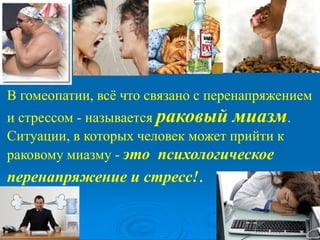 В гомеопатии, всё что связано с перенапряжением
и стрессом - называется раковый миазм.
Ситуации, в которых человек может прийти к
раковому миазму - это психологическое
перенапряжение и стресс!.
 
