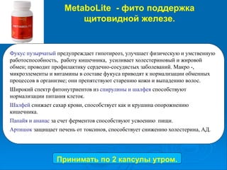 MetaboLite - фито поддержка
щитовидной железе.
Фукус пузырчатый предупреждает гипотиреоз, улучшает физическую и умственную
работоспособность, работу кишечника, усиливает холестериновый и жировой
обмен; проводит профилактику сердечно-сосудистых заболеваний. Макро -,
микроэлементы и витамины в составе фукуса приводят к нормализации обменных
процессов в организме; они препятствуют старению кожи и выпадению волос.
Широкий спектр фитонутриентов из спирулины и шалфея способствуют
нормализации питания клеток.
Шалфей снижает сахар крови, способствует как и крушина опорожнению
кишечника.
Папайя и ананас за счет ферментов способствуют усвоению пищи.
Артишок защищает печень от токсинов, способствует снижению холестерина, АД.
Принимать по 2 капсулы утром.
 