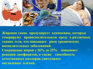 Жировая ткань продуцирует адипокины, которые
генерируют провоспалительную среду в различных
тканях тела, что повышает риск хронических
воспалительных заболеваний.
Сокращение жиров с 36% до 25% повышает
реакции лимфоцитов, а также способность
естественных киллеров уничтожать
опухолевые клетки.
 