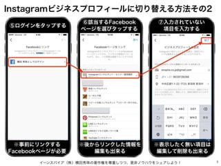 イーンスパイア（株）横田秀珠の著作権を尊重しつつ、是非ノウハウをシェアしよう！ 3
Instagramビジネスプロフィールに切り替える方法その2
⑤ログインをタップする
※事前にリンクする
Facebookページが必要
⑥該当するFaceboo...