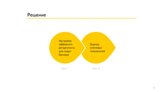 Решение
Шаг 1 Шаг 2
Оценка
ключевых
показателей
Настройка
офферного
ретаргетинга
для смарт-
баннера
5
 