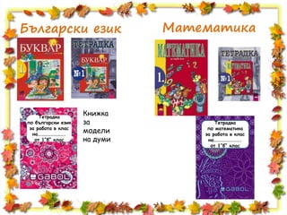 Български език Математика
Тетрадка
по български език
за работа в клас
на…………………….
от 1“б“ клас
Тетрадка
по математика
за работа в клас
на…………………….
от 1“б“ клас
Книжка
за
модели
на думи
 