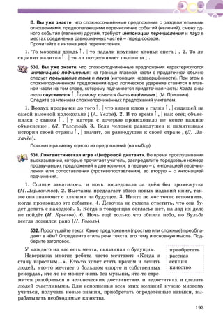 193
В. Вы уже знаете, что сложносочинённые предложения с разделительными
отношениями, предполагающими перечисление событий (явлений), смену од-
ного события (явления) другим, требуют интонации перечисления ия пауз в
местах соединения равнозначных частей – перед союзом.
Прочитайте с интонацией перечисления.
1. Òî ìîðîñèë äîæäü , | òî ïàäàëè êðóïíûå õëîïüÿ ñíåãà . 2. Òî ëè
ñêðèïèò êàëèòêà , | òî ëè ïîòðåñêèâàåò ïîëîâèöà .
530. Вы уже знаете, что сложноподчинённые предложения характеризуются
интонацией подчинения: на границе главной части с придаточной обычно
следует повышение тона и пауза (интонация незавершённости). При этом в
сложноподчинённом предложении одно логическое ударение ставится в глав-
ной части на том слове, которому подчиняется придаточная часть: Когда снег
тихо опускается , самому хочется быть ещё тише (М. Пришвин).
Следите за чтением сложноподчинённых предложений учителем.
1. Âîçäóõ ïðîçðà÷åí äî òîãî , | ÷òî âèäåí êëþâ ó ãàëêè , | ñèäÿùåé íà
ñàìîé âûñîêîé êîëîêîëüíå (À. ×åõîâ(( ). 2. Â òî âðåìÿ , | êàê îòåö îáúÿñ-
íÿëñÿ ñ ñûíîì , | ó ìàòåðè ñ äî÷åðüþ ïðîèñõîäèëî íå ìåíåå âàæíîå
îáúÿñíåíèå (Ë. Òîëñòîé). 3. Åñëè ÷åëîâåê ðàâíîäóøåí ê ïàìÿòíèêàì
èñòîðèè ñâîåé ñòðàíû , | çíà÷èò, îí ðàâíîäóøåí ê ñâîåé ñòðàíå (Ä. Ëè-((
õà÷ёâ).
Поясните разметку одного из предложений (на выбор).
531. Лингвистическая игра «Цифровой диктант». Во время прослушивания
ысказываний, которые прочитает учитель, распределите порядковые номера
розвучавших предложений в две колонки: в первую – с интонацией перечис-
ления или сопоставления (противопоставления), во вторую – с интонацией
подчинения.
1. Ñîëíöå çàêàòèëîñü, è íî÷ü ïîñëåäîâàëà çà äíёì áåç ïðîìåæóòêà
(Ì. Ëåðìîíòîâ). 2. Âûñòàâêà ïðåäëàãàåò îáçîð íîâûõ èçäàíèé êíèã, òàê-
æå îíà çíàêîìèò ñ ïëàíàìè íà áóäóùåå. 3. Íèêòî íå ìîã òî÷íî âñïîìíèòü,
êîãäà ïðîèçîøëî ýòî ñîáûòèå. 4. Äåâî÷êà íå ñóìåëà îòâåòèòü, ÷òî îíà áó-
äåò äåëàòü ñ íàõîäêîé. 5. Êîãäà â òîâàðèùàõ ñîãëàñüÿ íåò, íà ëàä èõ äåëî
íå ïîéäёò (È. Êðûëîâ). 6. Íî÷ü åùё òîëüêî ÷òî îáíÿëà íåáî, íî Áóëüáà
âñåãäà ëîæèëñÿ ðàíî (Í. Ãîãîëü).
532. Прослушайте текст. Какие предложения (простые или сложные) преобла-
дают в нём? Определите стиль речи текста, его тему и основную мысль. Под-
берите заголовок.
Ó êàæäîãî èç íàñ åñòü ìå÷òà, ñâÿçàííàÿ ñ áóäóùèì.
Íàâåðíÿêà ìíîãèå ðåáÿòà ÷àñòî ìå÷òàþò: «Êîãäà ÿ
ñòàíó âçðîñëûì...». Êòî-òî õî÷åò ñòàòü âðà÷îì è ëå÷èòü
ëþäåé, êòî-òî ìå÷òàåò î áîëüøîì ñïîðòå è ñîáñòâåííûõ
ðåêîðäàõ, êòî-òî íå ìîæåò æèòü áåç ìóçûêè, êòî-òî ñòðå-
ìèòñÿ ðàçîáðàòüñÿ â ÷åëîâå÷åñêèõ äîñòîèíñòâàõ è íåäîñòàòêàõ è ñäåëàòü
ëþäåé ñ÷àñòëèâûìè. Äëÿ èñïîëíåíèÿ âñåõ ýòèõ æåëàíèé íóæíî ìíîãîìó
ó÷èòüñÿ, ïîëó÷àòü íîâûå çíàíèÿ, ïðèîáðåòàòü îïðåäåëёííûå íàâûêè, âû-
ðàáàòûâàòü íåîáõîäèìûå êà÷åñòâà.
ïðèîáðåòàòü
ðàññêàç
ñåêöèÿ
êà÷åñòâî
 