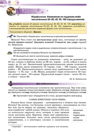 28
Èçìåíåíèå ïî ïàäåæàì èìёí
÷èñëèòåëüíûõ 50–80, 40, 90, 100 (ïðîäîëæåíèå)
Вы углубите знания об именах числительных 50–80, 40, 90, 100; научитесь из-
менять по падежам числительные 50–80, 40, 90, 100, правильно употреблять
в высказываниях различные падежные формы этих числительных.
речевого общения: «Время».
66. Прочитайте. Какова роль числительных в данном высказывании?
Ìèíóòà! ×åãî ñòîèò ýòà øåñòèäåñÿòàÿ äîëÿ ÷àñà, ñîñòîÿùàÿ èç øåñòè-
äåñÿòè êðîøåê-ñåêóíä? Äâàäöàòü âçäîõîâ? Ñåìüäåñÿò äâà óäàðà ñåðäöà?
(À. Ìàðêóøà(( ).
Определите падеж слов в выделенных словосочетаниях «числительное + су-
ществительное».
Как вы понимаете поговорку Минута час бережёт?
67. Выпишите из текста числительные, заменяя цифры словами.
Ñàìîå äîëãîæèâóùåå èç äîìàøíèõ æèâîòíûõ – îñёë, îí äîæèâàåò äî
50 ëåò, ëîøàäü è âåðáëþä æèâóò äî 30 ëåò, êîðîâà – äî 25, ñîáàêà è êîøêà
æèâóò äî 15 ëåò. Çíà÷èòåëüíîé ïðîäîëæèòåëüíîñòüþ æèçíè îòëè÷àþòñÿ
ðûáû. Æèçíü ùóêè èçìåðÿåòñÿ 70 ãîäàìè, ñîìà – 100 ãîäàìè, çîëîòîé
ðûáêè – 30. Ïðîäîëæèòåëüíîñòü æèçíè îðëà ïðèáëèæàåòñÿ ê 80 ãîäàì,
âîðîíû – ê 70, êóð – ê 20. Æèçíü äîæäåâîãî ÷åðâÿ èñ÷èñëÿåòñÿ 10 ãîäà-
ìè, ðå÷íîãî ðàêà – 20 ãîäàìè. Ïðåäåëüíûé âîçðàñò êèòîâ – îêîëî 50 ëåò,
à ñëîíîâ – îêîëî 80.
Ïî Â. Áàáàéöåâîé
Для любознательных
Порядковые числительные склоняются как прилагательные. При этом изме-
няется по падежам только последнее слово: двадцать пятый, двадцать пято-
го, двадцать пятому,уу двадцать пятый, двадцать пятым, (о) двадцать пятом.
68. Прочитайте текст. Определите его стиль, аргументируйте свой вывод.
ÑÀÌÛÅ ÈÇÂÅÑÒÍÛÅ ×ÀÑÛ ÊÈÅÂÀ
Ðàíüøå áûëà òàêàÿ òðàäèöèÿ – äîãîâàðèâàòüñÿ î âñòðå÷å ïîä ÷àñàìè.
Ïî÷åìó? Äà ïîòîìó, ÷òî áîëüøèå «ñëóãè âðåìåíè», íàõîäÿùèåñÿ íà ñòîë-
áàõ èëè ãäå-òî ââåðõó íà çäàíèÿõ, ÿâëÿëèñü îáÿçàòåëü-
íûì àòðèáóòîì1 ëþáîé óëèöû. Îäíàêî â ñåðåäèíå ÕÕ âåêà
èõ âûòåñíèëè íàðó÷íûå ÷àñû, êîòîðûå ê òîìó âðåìåíè
ñòàëè äîñòóïíû âñåì. Âïðî÷åì, òåðÿÿ ñâîё ïåðâîíà÷àëü-
íîå íàçíà÷åíèå, áîëüøèå ÷àñû ñòàëè àðõèòåêòóðíûìè
óêðàøåíèÿìè, à â íåêîòîðûõ ñëó÷àÿõ è ïàìÿòíèêàìè
èñòîðèè.
1 Àòðèáóá ò – íåîòúåìëåìîå ñâîéñòâî ïðåäìåòà èëè ÿâëåíèÿ.
УрокУрок 88
òðàäèöèÿ
ââåðõó
òåððèòîðèÿ
ïîçæå
åæå÷àñíî
 