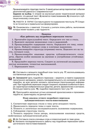 32
десятилетней давности с современностью?
Задание на выбор. С опорой на изученный ранее теоретический материал
докажите, что данный текст: А) является повествованием; Б) относится к пуб-
лицистическому стилю речи.
78. РАБОТА В ПАРАХ.ХХ Составьте диалог по содержанию текста упр. 77. Следи-
те за точностью и правильностью формулировок.
79. Ознакомьтесь с памяткой. Уточните у учителя этапы работы, выполнение
которых может вызвать у вас трудности.
Ïàìÿòêà
«Êàê ðàáîòàòü íàä ïîäðîáíûì ïåðåñêàçîì òåêñòà»
1. Ïðî÷èòàéòå (ïðîñëóøàéòå) òåêñò. Îïðåäåëèòå åãî òèï è ñòèëü.
2. Âûÿñíèòå çíà÷åíèå íåçíàêîìûõ ñëîâ è âûðàæåíèé.
3. Ïðîàíàëèçèðóéòå ñîäåðæàíèå òåêñòà. Îïðåäåëèòå åãî òåìó, îñíîâ-
íóþ ìûñëü. Íàéäèòå îïîðíûå ñëîâà è êëþ÷åâûå âûðàæåíèÿ.
4. Ïðîàíàëèçèðóéòå ñòðóêòóðó (ñòðîåíèå) òåêñòà. Ïîäåëèòå åãî íà ÷à-
ñòè, ñîñòàâüòå ïëàí.
5. Ïðîàíàëèçèðóéòå ÿçûêîâûå ñðåäñòâà ïóáëèöèñòè÷åñêîãî ñòèëÿ
ðå÷è, îáðàòèâ îñîáîå âíèìàíèå íà çíà÷åíèå è óïîòðåáëåíèå óñòîé÷èâûõ
âûðàæåíèé.
6. Ïðîäóìàéòå ïåðåñêàç òåêñòà. Ñëåäèòå çà ëîãè÷åñêîé ïîñëåäîâàòåëü-
íîñòüþ èçëîæåíèÿ, òî÷íîñòüþ âûñêàçûâàíèé.
7. Ïåðåñêàæèòå òåêñò.
80. Составьте и запишите подробный план текста упр. 77, воспользовавшись
составленным диалогом упр. 78.
81. Запомните! Цель подробного пересказа – закрепить в памяти содержание
прочитанного материала, усвоить последовательность его изложения, а затем
подробно, во всех деталях изложить прочитанную (прослушанную) информа-
цию. При подробном пересказе следует сохранить языковые особенности авто-
ра: характерные изобразительные средства, детали, фразеологию и синтаксис.
Используя памятку (упр. 79), подробно перескажите текст упр. 77.
82. Прослушайте несколько устных изложений одноклассников и прокоммен-
тируйте их, ориентируясь на данный план.
Ïëàí àíàëèçà óñòíîãî ïîäðîáíîãî ïåðåñêàçà
ïóáëèöèñòè÷åñêîãî òåêñòà-ïîâåñòâîâàíèÿ
1. Ñîîòâåòñòâèå ïåðåñêàçà ñòèëþ è òèïó ðå÷è èñõîäíîãî òåêñòà.
2. Ïðàâèëüíîñòü ïåðåäà÷è òåìû è èäåè òåêñòà.
3. Òî÷íîñòü è ëîãè÷åñêàÿ ïîñëåäîâàòåëüíîñòü èçëîæåíèÿ ñîäåðæàíèÿ.
4. Ñîáëþäåíèå ñòðóêòóðû òåêñòà.
5. Òî÷íîñòü ïåðåäà÷è ñòèëÿ àâòîðà, èñïîëüçîâàíèå ÿçûêîâûõ ñðåäñòâ,
ñâîéñòâåííûõ ïóáëèöèñòè÷åñêîé ðå÷è.
83. А. Составьте список ключевых слов и словосочетаний по теме урока.
Б. Изложите последовательность работы над подробным пересказом публи-
цистического текста-повествования.
 