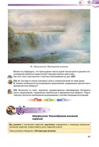 85
È. Àéâàçîâñêèé. Íèàãàðñêèé âîäîïàä
Можно ли утверждать, что пресыщение текста одной частью речи в данном сти-
хотворении является недостатком? Аргументируйте свой ответ.
Как этот текст соотносится с текстом стихотворения из упр. 226?
2. А. Составьте список ключевых слов и словосочетаний по теме урока.
Каковы особенности интонирования предложений, содержащих причастные и
деепричастные обороты?
233. Выпишите из газет, журналов, художественных произведений, Интернета
шесть предложений, содержащих причастные и деепричастные обороты. Подго-
товьтесь прочитать выписанные высказывания с соответствующей интонацией.
Ìîðôîëîãèÿ. Ðàçíîîáðàçèå çíà÷åíèé
íàðå÷èé
Вы узнаете о значениях наречий; научитесь определять с помощью вопросов
значения наречий, осмысливать роль наречий в речи.
Тема речевого общения: «Литература (книги)».
УрокУрок 2525
 