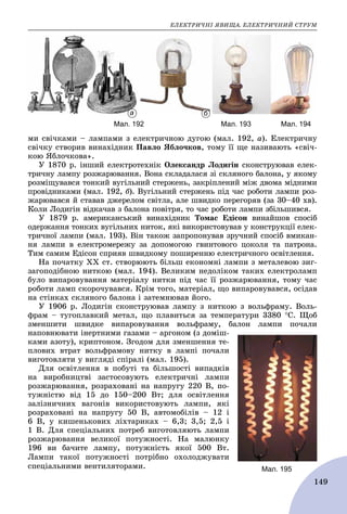 ÅËÅÊÒÐÈ×ÍІ ßÂÈÙÀ. ÅËÅÊÒÐÈ×ÍÈÉ ÑÒÐÓÌ
149
ìè ñâі÷êàìè – ëàìïàìè ç åëåêòðè÷íîþ äóãîþ (ìàë. 192, à). Åëåêòðè÷íó
ñâі÷êó ñòâîðèâ âèíàõіäíèê Ïàâëî ßáëî÷êîâ, òîìó її ùå íàçèâàþòü «ñâі÷-
êîþ ßáëî÷êîâà».
Ó 1870 ð. іíøèé åëåêòðîòåõíіê Îëåêñàíäð Ëîäèãіí ñêîíñòðóþâàâ åëåê-
òðè÷íó ëàìïó ðîçæàðþâàííÿ. Âîíà ñêëàäàëàñÿ çі ñêëÿíîãî áàëîíà, ó ÿêîìó
ðîçìіùóâàâñÿ òîíêèé âóãіëüíèé ñòåðæåíü, çàêðіïëåíèé ìіæ äâîìà ìіäíèìè
ïðîâіäíèêàìè (ìàë. 192, á). Âóãіëüíèé ñòåðæåíü ïіä ÷àñ ðîáîòè ëàìïè ðîç-
æàðþâàâñÿ é ñòàâàâ äæåðåëîì ñâіòëà, àëå øâèäêî ïåðåãîðÿâ (çà 30–40 õâ).
Êîëè Ëîäèãіí âіäêà÷àâ ç áàëîíà ïîâіòðÿ, òî ÷àñ ðîáîòè ëàìïè çáіëüøèâñÿ.
Ó 1879 ð. àìåðèêàíñüêèé âèíàõіäíèê Òîìàñ Åäіñîí âèíàéøîâ ñïîñіá
îäåðæàííÿ òîíêèõ âóãіëüíèõ íèòîê, ÿêі âèêîðèñòîâóâàâ ó êîíñòðóêöії åëåê-
òðè÷íîї ëàìïè (ìàë. 193). Âіí òàêîæ çàïðîïîíóâàâ çðó÷íèé ñïîñіá âìèêàí-
íÿ ëàìïè â åëåêòðîìåðåæó çà äîïîìîãîþ ãâèíòîâîãî öîêîëÿ òà ïàòðîíà.
Òèì ñàìèì Åäіñîí ñïðèÿâ øâèäêîìó ïîøèðåííþ åëåêòðè÷íîãî îñâіòëåííÿ.
Íà ïî÷àòêó XX ñò. ñòâîðþþòü áіëüø åêîíîìíі ëàìïè ç ìåòàëåâîþ çèã-
çàãîïîäіáíîþ íèòêîþ (ìàë. 194). Âåëèêèì íåäîëіêîì òàêèõ åëåêòðîëàìï
áóëî âèïàðîâóâàííÿ ìàòåðіàëó íèòêè ïіä ÷àñ її ðîçæàðþâàííÿ, òîìó ÷àñ
ðîáîòè ëàìï ñêîðî÷óâàâñÿ. Êðіì òîãî, ìàòåðіàë, ùî âèïàðîâóâàâñÿ, îñіäàâ
íà ñòіíêàõ ñêëÿíîãî áàëîíà і çàòåìíþâàâ éîãî.
Ó 1906 ð. Ëîäèãіí ñêîíñòðóþâàâ ëàìïó ç íèòêîþ ç âîëüôðàìó. Âîëü-
ôðàì – òóãîïëàâêèé ìåòàë, ùî ïëàâèòüñÿ çà òåìïåðàòóðè 3380 Ñ. Ùîá
çìåíøèòè øâèäêå âèïàðîâóâàííÿ âîëüôðàìó, áàëîí ëàìïè ïî÷àëè
íàïîâíþâàòè іíåðòíèìè ãàçàìè – àðãîíîì (ç äîìіø-
êàìè àçîòó), êðèïòîíîì. Çãîäîì äëÿ çìåíøåííÿ òå-
ïëîâèõ âòðàò âîëüôðàìîâó íèòêó â ëàìïі ïî÷àëè
âèãîòîâëÿòè ó âèãëÿäі ñïіðàëі (ìàë. 195).
Äëÿ îñâіòëåííÿ â ïîáóòі òà áіëüøîñòі âèïàäêіâ
íà âèðîáíèöòâі çàñòîñîâóþòü åëåêòðè÷íі ëàìïè
ðîçæàðþâàííÿ, ðîçðàõîâàíі íà íàïðóãó 220 Â, ïî-
òóæíіñòþ âіä 15 äî 150–200 Âò; äëÿ îñâіòëåííÿ
çàëіçíè÷íèõ âàãîíіâ âèêîðèñòîâóþòü ëàìïè, ÿêі
ðîçðàõîâàíі íà íàïðóãó 50 Â, àâòîìîáіëіâ – 12 і
6 Â, ó êèøåíüêîâèõ ëіõòàðèêàõ – 6,3; 3,5; 2,5 і
1 Â. Äëÿ ñïåöіàëüíèõ ïîòðåá âèãîòîâëÿþòü ëàìïè
ðîçæàðþâàííÿ âåëèêîї ïîòóæíîñòі. Íà ìàëþíêó
196 âè áà÷èòå ëàìïó, ïîòóæíіñòü ÿêîї 500 Âò.
Ëàìïè òàêîї ïîòóæíîñòі ïîòðіáíî îõîëîäæóâàòè
ñïåöіàëüíèìè âåíòèëÿòîðàìè. Мал. 195
Мал. 192 Мал. 193 Мал. 194
а б
 