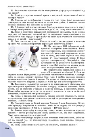 ÔІÇÈ×ÍІ ÇÀÄÀ×І ÍÀÂÊÎËÎ ÍÀÑ
180
53. ßêà îñíîâíà ïðè÷èíà ïîÿâè åëåêòðè÷íèõ ðîçðÿäіâ ó àòìîñôåðі ïіä
÷àñ ãðîçè?
54. Îäíієþ ç ïðè÷èí ñèëüíîї ãðîçè є ïîòóæíèé âåðòèêàëüíèé ïîòіê
ïîâіòðÿ. ×îìó?
55. Ëþäÿì, ÿêі ïåðåáóâàþòü ó ãîðàõ ïіä ÷àñ ãðîçè, іíîäі äîâîäèòüñÿ
ñïîñòåðіãàòè òàêå ÿâèùå: âîëîññÿ íà ãîëîâі ñòàє äèáêè, і íàâêîëî ãîëîâè
âèíèêàє ñâіòіííÿ. ßê ïîÿñíèòè öå ÿâèùå?
56. Â Àíòàðêòèäі ïіä ÷àñ ñíіãîâèõ áóð ÷àñòî ìîæíà ñïîñòåðіãàòè ïîÿâó
â ïîâіòðі åëåêòðè÷íèõ іñêîð çàâäîâæêè äî 50 ñì. ×îìó âîíè âèíèêàþòü?
57. ßêùî є ïîçèòèâíî çàðÿäæåíèé іçîëüîâàíèé ïðîâіäíèê, òî ÿê ìîæíà
çàðÿäèòè äâі іçîëüîâàíі ìåòàëåâі êóëі çà äîïîìîãîþ öüîãî ïðîâіäíèêà, íå
çìåíøóþ÷è éîãî çàðÿäó, і ïðè öüîìó íà îäíіé êóëі îòðèìàòè ïîçèòèâíèé
çàðÿä, à íà äðóãіé – íåãàòèâíèé?
58. Äîù çàñòàâ âàñ ó ïîëі. Íåïîäàëіê ñòîїòü âèñîêå äåðåâî ç âåëèêîþ
êðîíîþ. ×è ìîæíà âèêîðèñòàòè äåðåâî äëÿ çàõèñòó âіä äîùó?
59. Íà ìàëþíêó 230 çîáðàæåíî íàé-
ïðîñòіøі ñàìîðîáíі åëåêòðîñêîïè. Âèãî-
òîâòå åëåêòðîñêîï, âèêîðèñòàâøè ñêëÿíó
ïîñóäèíó Ï, ìåòàëåâèé ñòåðæåíü ñ, çіãíó-
òèé íà êіíöі, äâі òîíêі ñìóæêè ìåòàëåâîї
ôîëüãè Ô, ïëàñòìàñîâèé êîðîê K (äëÿ
äðóãîãî åëåêòðîñêîïà). Âèïðîáóéòå äіþ
åëåêòðîñêîïà çà äîïîìîãîþ íàåëåêòðèçî-
âàíîãî òіëà. ßêі äîñëіäè âè ìîæåòå ïîêà-
çàòè, âèêîðèñòîâóþ÷è åëåêòðîñêîï?
60. Ðîçðіæòå ñèðó êàðòîïëèíó íàâïіë і â
îäíó ç її ïîëîâèíîê íà âіäñòàíі 1–2 ñì çà-
ñòðîìіòü ãîëêè. Ïðèєäíàéòå їõ äî ïîëþñіâ ãàëüâàíі÷íîãî åëåìåíòà. Ñïîñòåðі-
ãàéòå çà çìіíîþ êîëüîðó êàðòîïëі áіëÿ ãîëîê і çðîáіòü âèñíîâîê ñòîñîâíî
êîæíîãî åëåêòðîäà (êàòîäà é àíîäà). ×è ìîæíà çà äîïîìîãîþ öüîãî ìåòîäó
âèÿâèòè íàÿâíіñòü íіòðàòіâ ó êàðòîïëі? ßêèé òóò òèï åëåêòðîïðîâіäíîñòі?
61. Ðîçãëÿíüòå ãàëüâàíі÷íі åëåìåíòè äî êèøåíüêîâîãî ëіõòàðèêà àáî
òðàíçèñòîðíîãî ïðèéìà÷à. Çàïèøіòü íàïðóãó êîæíîãî åëåìåíòà. Âñòà-
íîâіòü, ÿê öі åëåìåíòè ç’єäíàíî ó âàøîìó ïðèëàäі, і íàêðåñëіòü ñõåìó.
Ïðèєäíàéòå âîëüòìåòð ñïî÷àòêó äî îäíîãî åëåìåíòà, à ïîòіì äî áàòàðåї
åëåìåíòіâ, ïîðіâíÿéòå âèìіðÿíі íàïðóãè.
62. ßêùî â ïðèìіùåííі âìèêàþòü ïðèëàä âåëèêîї ïîòóæíîñòі, íàïðè-
êëàä ïîòóæíó åëåêòðîïëèòêó (åëåêòðîïðàñêó), òî ðîçæàðåííÿ åëåêòðîëàìï
ñëàáøàє. Ïîÿñíіòü ÷îìó.
63. Ïðîòÿãîì ðîêó íà Çåìëі âèíèêàє áëèçüêî 8 ìëí áëèñêàâîê. Îá÷èñ-
ëіòü ñóìàðíó ïîòóæíіñòü áëèñêàâîê, ÿêùî ñèëà ñòðóìó ïіä ÷àñ ðîçðÿäó
ñòàíîâèòü ïðèáëèçíî 10 000 À, à íàïðóãà – 100 ìëí âîëüò.
64. Іíêîëè ïåðåãîðіëó åëåêòðè÷íó ëàìïó ìîæíà «îæèâèòè» ñòðóøó-
âàííÿì – íèòêà ðîçæàðþâàííÿ çíîâó çàìèêàєòüñÿ, àëå ñòàє êîðîòøîþ.
×îìó òàêà ëàìïà ñâіòèòü ÿñêðàâіøå?
65. ×îìó òåìïåðàòóðà íàãðіâàëüíîãî åëåìåíòà åëåêòðîïëèòêè, óâіìêíå-
íîї íà äîâãèé ÷àñ, íå ïіäâèùóєòüñÿ áåçìåæíî, õî÷à ïëèòêà ñïîæèâàє
åëåêòðîåíåðãіþ?
66. ×îìó іíîäі ñèëüíî íàãðіâàþòüñÿ âèìèêà÷і, ðîçåòêè, âèëêè?
Мал. 230
с
Ф
Ф
К
П
 